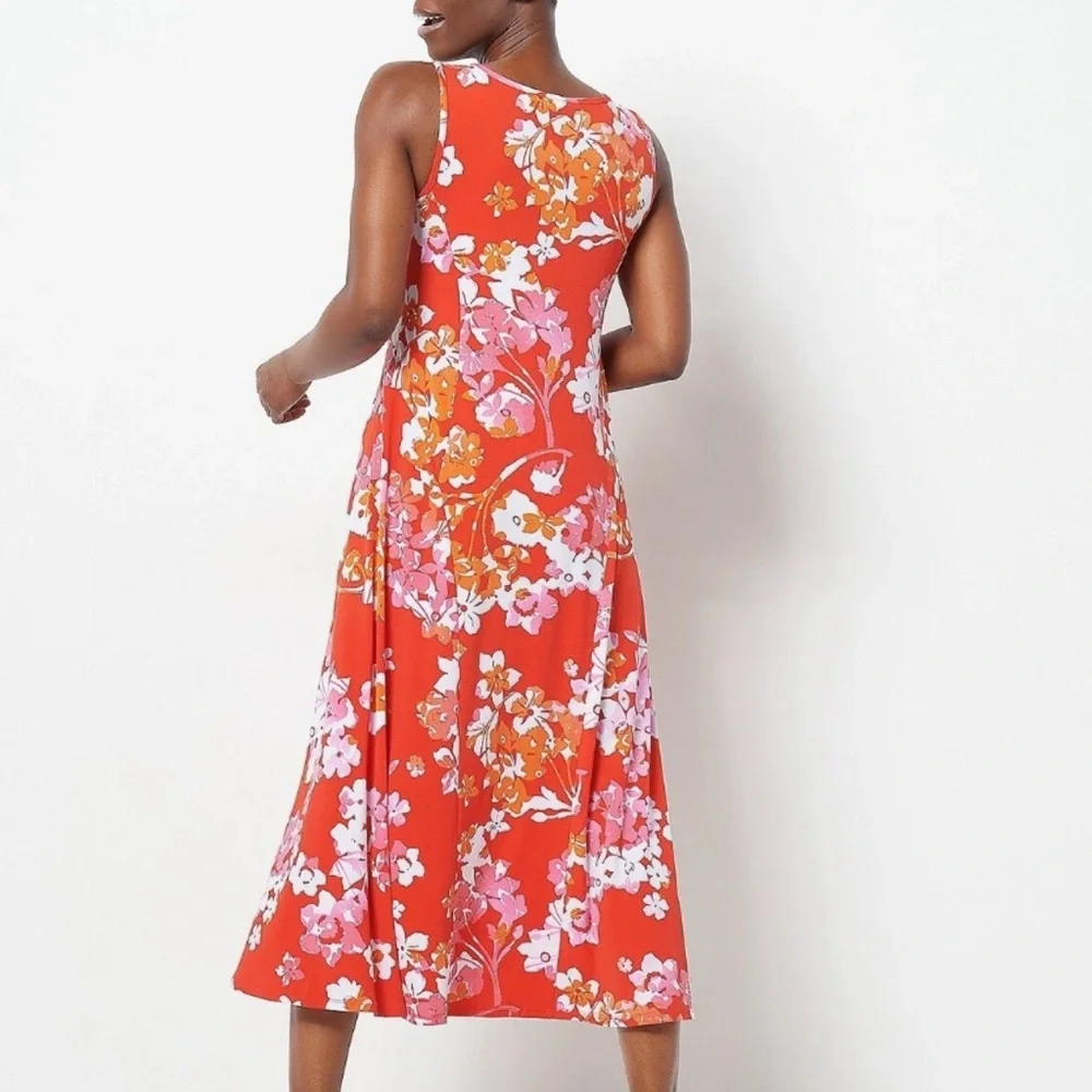 Susan Graver Liquid Knit Floral Size Medium Midi Dress Square Neck - Picture 2 of 8